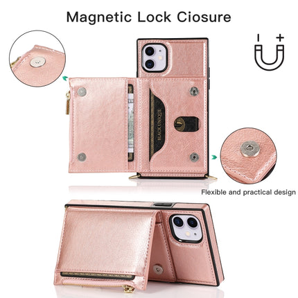 Square Zipper Wallet Bag TPU+PU Back Cover Case with Holder & Card Slots & Wallet & Cross-body Strap For iPhone 11(Rose Glod)-garmade.com