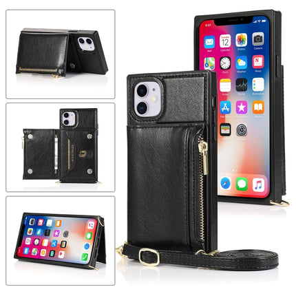 Square Zipper Wallet Bag TPU+PU Back Cover Case with Holder & Card Slots & Wallet & Cross-body Strap For iPhone 11(Black)-garmade.com