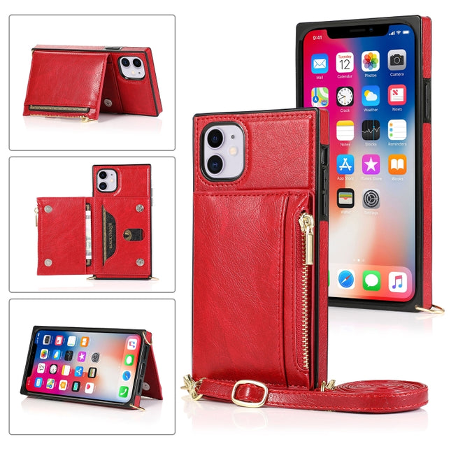 Square Zipper Wallet Bag TPU+PU Back Cover Case with Holder & Card Slots & Wallet & Cross-body Strap For iPhone 11(Red)-garmade.com