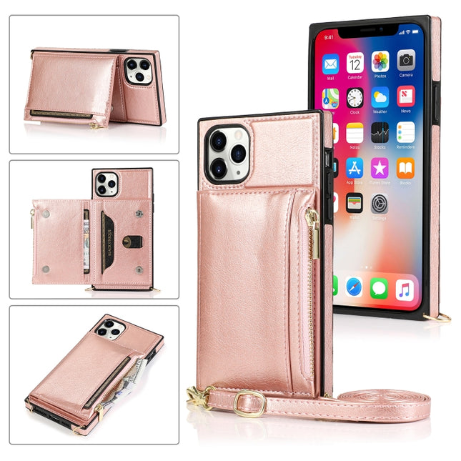 Square Zipper Wallet Bag TPU+PU Back Cover Case with Holder & Card Slots & Wallet & Cross-body Strap For iPhone 11 Pro(Rose Glod)-garmade.com