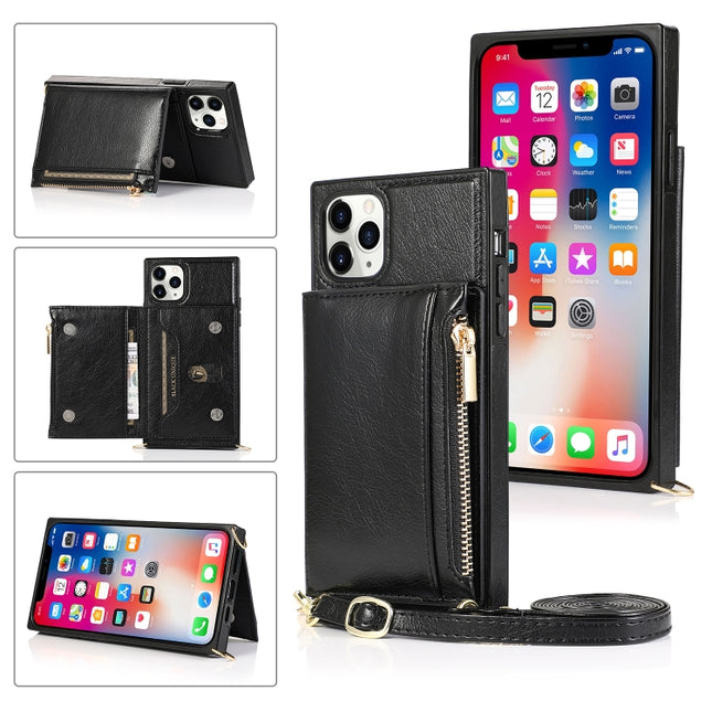 Square Zipper Wallet Bag TPU+PU Back Cover Case with Holder & Card Slots & Wallet & Cross-body Strap For iPhone 11 Pro(Black)-garmade.com
