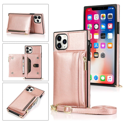 Square Zipper Wallet Bag TPU+PU Back Cover Case with Holder & Card Slots & Wallet & Cross-body Strap For iPhone 11 Pro Max(Rose Glod)-garmade.com