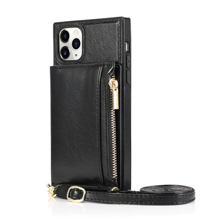 Square Zipper Wallet Bag TPU+PU Back Cover Case with Holder & Card Slots & Wallet & Cross-body Strap For iPhone 11 Pro Max(Black)-garmade.com