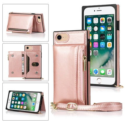 Square Zipper Wallet Bag TPU+PU Back Cover Case with Holder & Card Slots & Wallet & Cross-body Strap For iPhone SE 2020 / 8 / 7(Rose Glod)-garmade.com