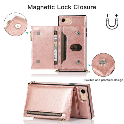 Square Zipper Wallet Bag TPU+PU Back Cover Case with Holder & Card Slots & Wallet & Cross-body Strap For iPhone SE 2020 / 8 / 7(Rose Glod)-garmade.com