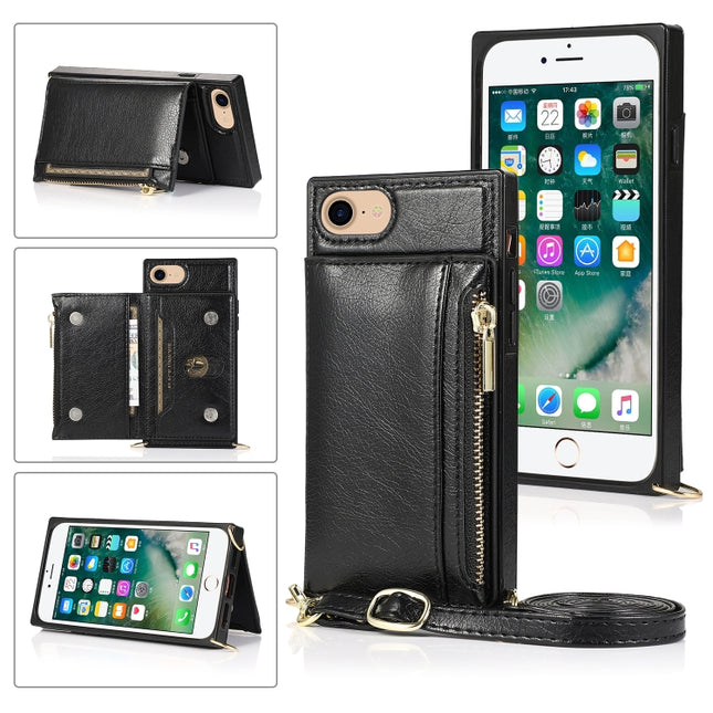 Square Zipper Wallet Bag TPU+PU Back Cover Case with Holder & Card Slots & Wallet & Cross-body Strap For iPhone SE 2020 / 8 / 7(Black)-garmade.com