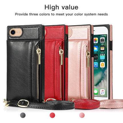 Square Zipper Wallet Bag TPU+PU Back Cover Case with Holder & Card Slots & Wallet & Cross-body Strap For iPhone SE 2020 / 8 / 7(Black)-garmade.com