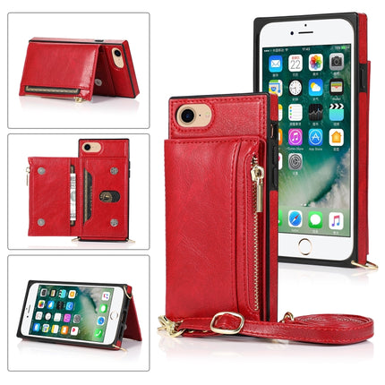 Square Zipper Wallet Bag TPU+PU Back Cover Case with Holder & Card Slots & Wallet & Cross-body Strap For iPhone SE 2020 / 8 / 7(Red)-garmade.com