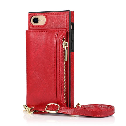 Square Zipper Wallet Bag TPU+PU Back Cover Case with Holder & Card Slots & Wallet & Cross-body Strap For iPhone SE 2020 / 8 / 7(Red)-garmade.com