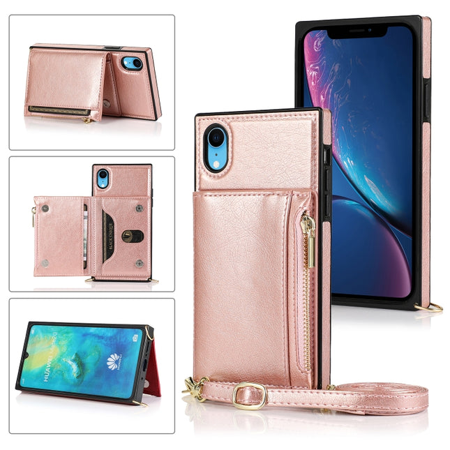 Square Zipper Wallet Bag TPU+PU Back Cover Case with Holder & Card Slots & Wallet & Cross-body Strap For iPhone XR(Rose Glod)-garmade.com