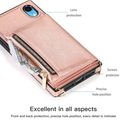Square Zipper Wallet Bag TPU+PU Back Cover Case with Holder & Card Slots & Wallet & Cross-body Strap For iPhone XR(Rose Glod)-garmade.com