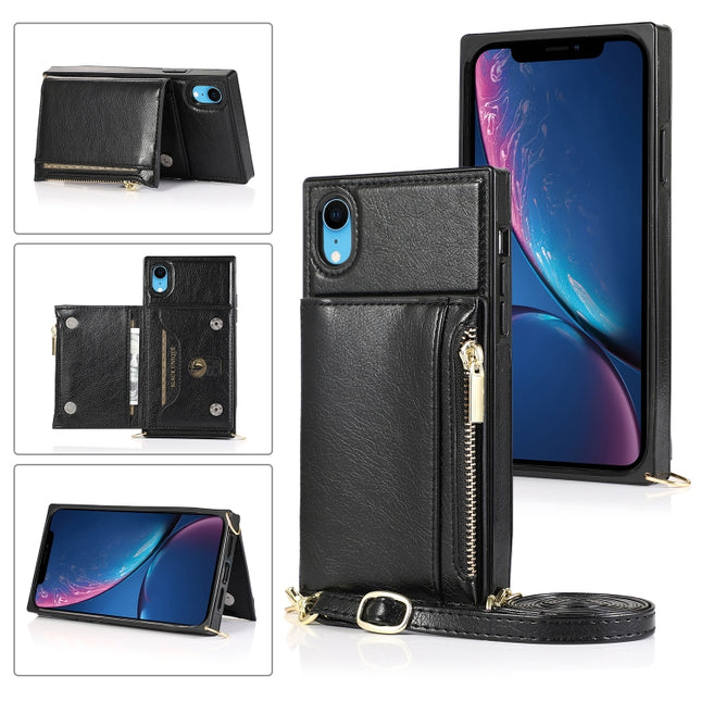 Square Zipper Wallet Bag TPU+PU Back Cover Case with Holder & Card Slots & Wallet & Cross-body Strap For iPhone XR(Black)-garmade.com