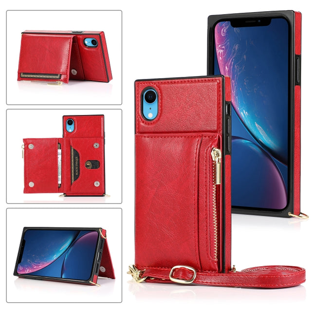 Square Zipper Wallet Bag TPU+PU Back Cover Case with Holder & Card Slots & Wallet & Cross-body Strap For iPhone XR(Red)-garmade.com