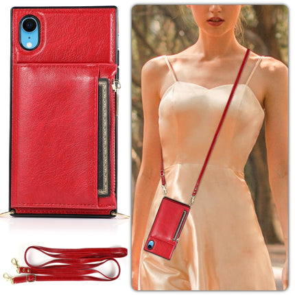Square Zipper Wallet Bag TPU+PU Back Cover Case with Holder & Card Slots & Wallet & Cross-body Strap For iPhone XR(Red)-garmade.com
