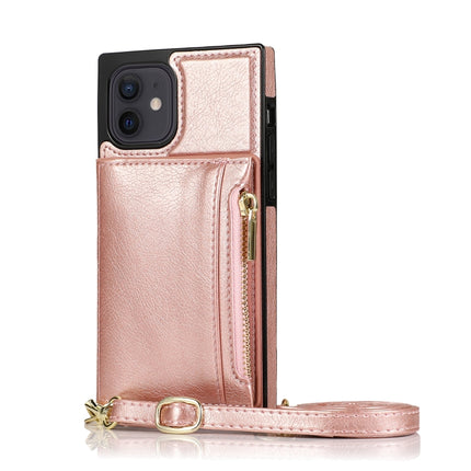 Square Zipper Wallet Bag TPU+PU Back Cover Case with Holder & Card Slots & Wallet & Cross-body Strap For iPhone 12 mini(Rose Glod)-garmade.com