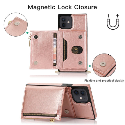 Square Zipper Wallet Bag TPU+PU Back Cover Case with Holder & Card Slots & Wallet & Cross-body Strap For iPhone 12 mini(Rose Glod)-garmade.com