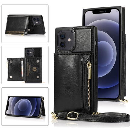 Square Zipper Wallet Bag TPU+PU Back Cover Case with Holder & Card Slots & Wallet & Cross-body Strap For iPhone 12 mini(Black)-garmade.com