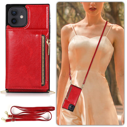 Square Zipper Wallet Bag TPU+PU Back Cover Case with Holder & Card Slots & Wallet & Cross-body Strap For iPhone 12 mini(Red)-garmade.com