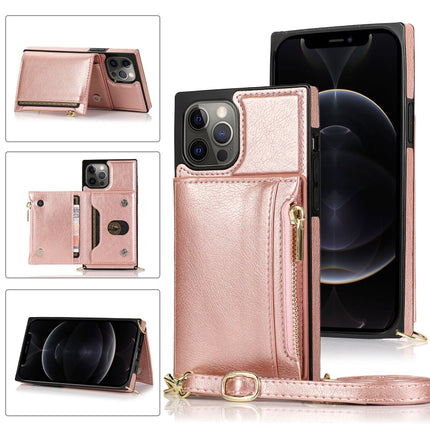 Square Zipper Wallet Bag TPU+PU Back Cover Case with Holder & Card Slots & Wallet & Cross-body Strap For iPhone 12 / 12 Pro(Rose Glod)-garmade.com