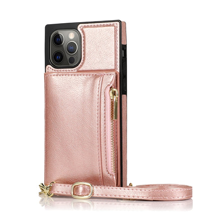 Square Zipper Wallet Bag TPU+PU Back Cover Case with Holder & Card Slots & Wallet & Cross-body Strap For iPhone 12 / 12 Pro(Rose Glod)-garmade.com
