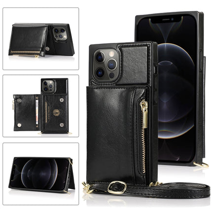 Square Zipper Wallet Bag TPU+PU Back Cover Case with Holder & Card Slots & Wallet & Cross-body Strap For iPhone 12 / 12 Pro(Black)-garmade.com