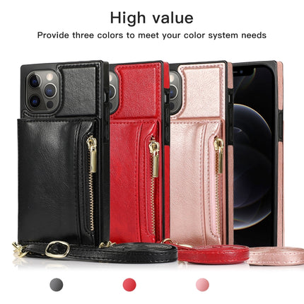Square Zipper Wallet Bag TPU+PU Back Cover Case with Holder & Card Slots & Wallet & Cross-body Strap For iPhone 12 / 12 Pro(Red)-garmade.com