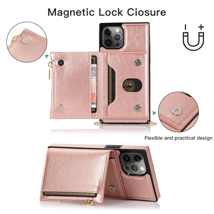 Square Zipper Wallet Bag TPU+PU Back Cover Case with Holder & Card Slots & Wallet & Cross-body Strap For iPhone 12 Pro Max(Rose Glod)-garmade.com