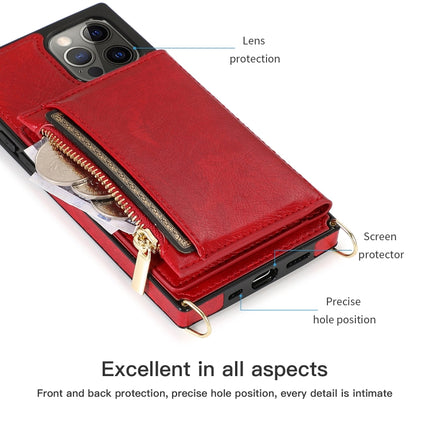 Square Zipper Wallet Bag TPU+PU Back Cover Case with Holder & Card Slots & Wallet & Cross-body Strap For iPhone 12 Pro Max(Red)-garmade.com