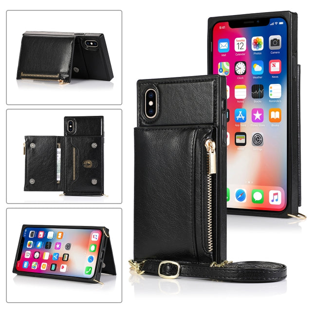 Square Zipper Wallet Bag TPU+PU Back Cover Case with Holder & Card Slots & Wallet & Cross-body Strap For iPhone XS / X(Black)-garmade.com