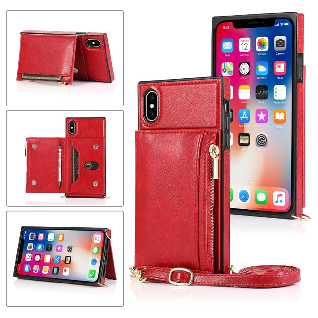 Square Zipper Wallet Bag TPU+PU Back Cover Case with Holder & Card Slots & Wallet & Cross-body Strap For iPhone XS / X(Red)-garmade.com