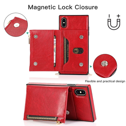 Square Zipper Wallet Bag TPU+PU Back Cover Case with Holder & Card Slots & Wallet & Cross-body Strap For iPhone XS / X(Red)-garmade.com