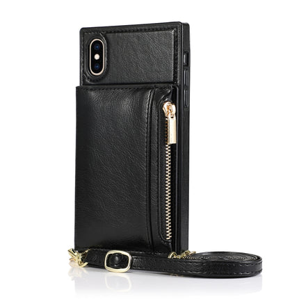 Square Zipper Wallet Bag TPU+PU Back Cover Case with Holder & Card Slots & Wallet & Cross-body Strap For iPhone XS Max(Black)-garmade.com
