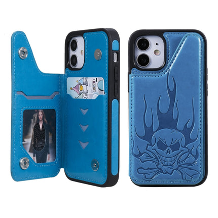 Skull Head Embossing Pattern Shockproof Protective Case with Holder & Card Slots & Wallet For iPhone 12 mini(Blue)-garmade.com