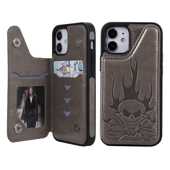 Skull Head Embossing Pattern Shockproof Protective Case with Holder & Card Slots & Wallet For iPhone 12 mini(Grey)-garmade.com