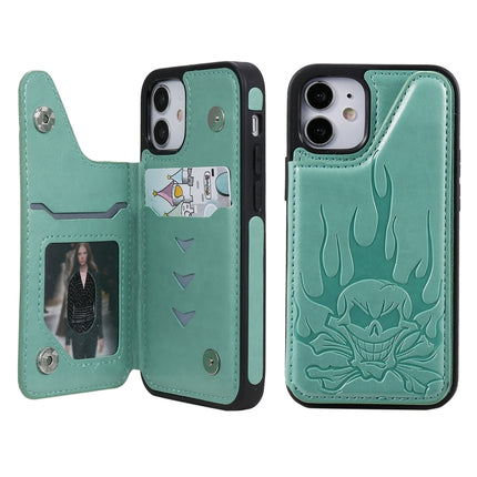 Skull Head Embossing Pattern Shockproof Protective Case with Holder & Card Slots & Wallet For iPhone 12 mini(Green)-garmade.com