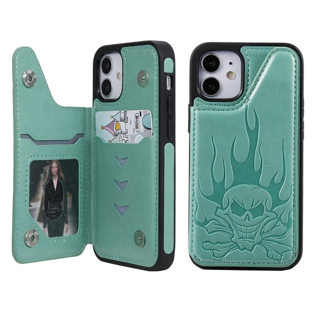 Skull Head Embossing Pattern Shockproof Protective Case with Holder & Card Slots & Wallet For iPhone 12 mini(Green)-garmade.com