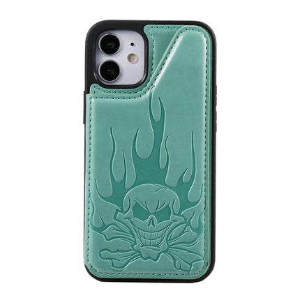 Skull Head Embossing Pattern Shockproof Protective Case with Holder & Card Slots & Wallet For iPhone 12 mini(Green)-garmade.com