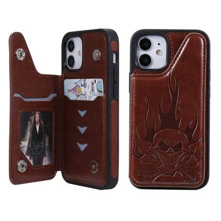 Skull Head Embossing Pattern Shockproof Protective Case with Holder & Card Slots & Wallet For iPhone 12 mini(Brown)-garmade.com