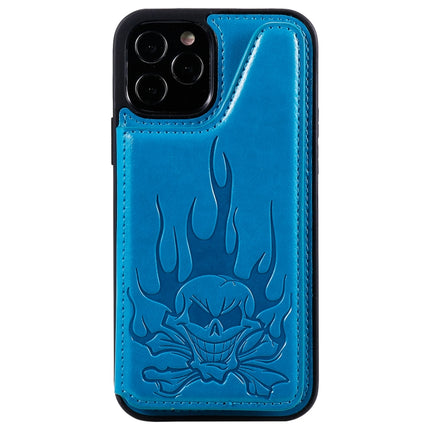 Skull Head Embossing Pattern Shockproof Protective Case with Holder & Card Slots & Wallet For iPhone 12 / 12 Pro(Blue)-garmade.com