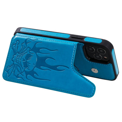 Skull Head Embossing Pattern Shockproof Protective Case with Holder & Card Slots & Wallet For iPhone 12 / 12 Pro(Blue)-garmade.com
