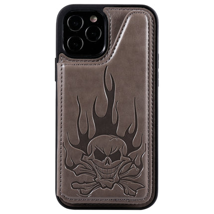 Skull Head Embossing Pattern Shockproof Protective Case with Holder & Card Slots & Wallet For iPhone 12 / 12 Pro(Grey)-garmade.com