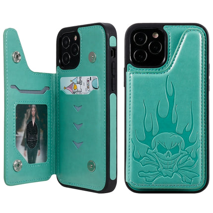 Skull Head Embossing Pattern Shockproof Protective Case with Holder & Card Slots & Wallet For iPhone 12 / 12 Pro(Green)-garmade.com