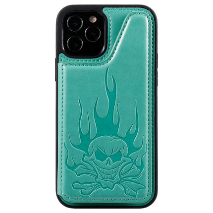 Skull Head Embossing Pattern Shockproof Protective Case with Holder & Card Slots & Wallet For iPhone 12 / 12 Pro(Green)-garmade.com
