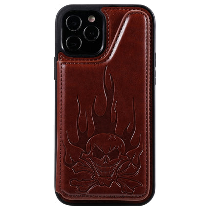 Skull Head Embossing Pattern Shockproof Protective Case with Holder & Card Slots & Wallet For iPhone 12 / 12 Pro(Brown)-garmade.com