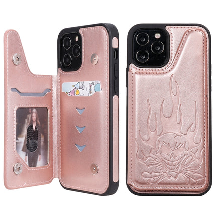 Skull Head Embossing Pattern Shockproof Protective Case with Holder & Card Slots & Wallet For iPhone 12 / 12 Pro(Rose Gold)-garmade.com