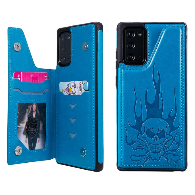 For Samsung Galaxy Note20 Skull Head Embossing Pattern Shockproof Protective Case with Holder & Card Slots & Wallet(Blue)-garmade.com