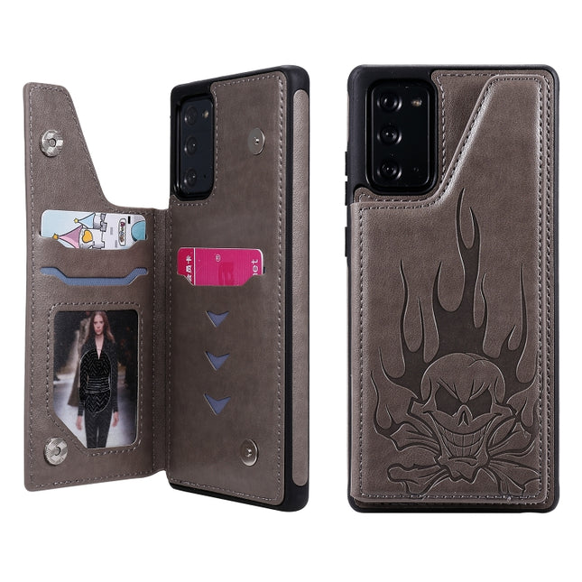 For Samsung Galaxy Note20 Skull Head Embossing Pattern Shockproof Protective Case with Holder & Card Slots & Wallet(Grey)-garmade.com