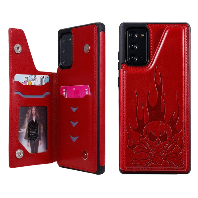 For Samsung Galaxy Note20 Skull Head Embossing Pattern Shockproof Protective Case with Holder & Card Slots & Wallet(Red)-garmade.com