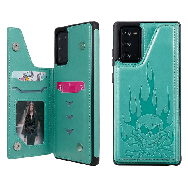 For Samsung Galaxy Note20 Skull Head Embossing Pattern Shockproof Protective Case with Holder & Card Slots & Wallet(Green)-garmade.com