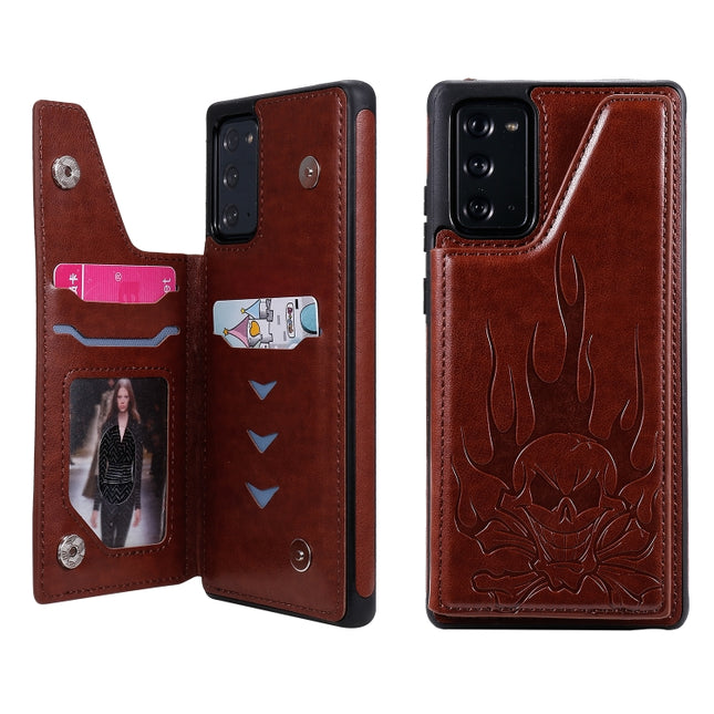 For Samsung Galaxy Note20 Skull Head Embossing Pattern Shockproof Protective Case with Holder & Card Slots & Wallet(Brown)-garmade.com